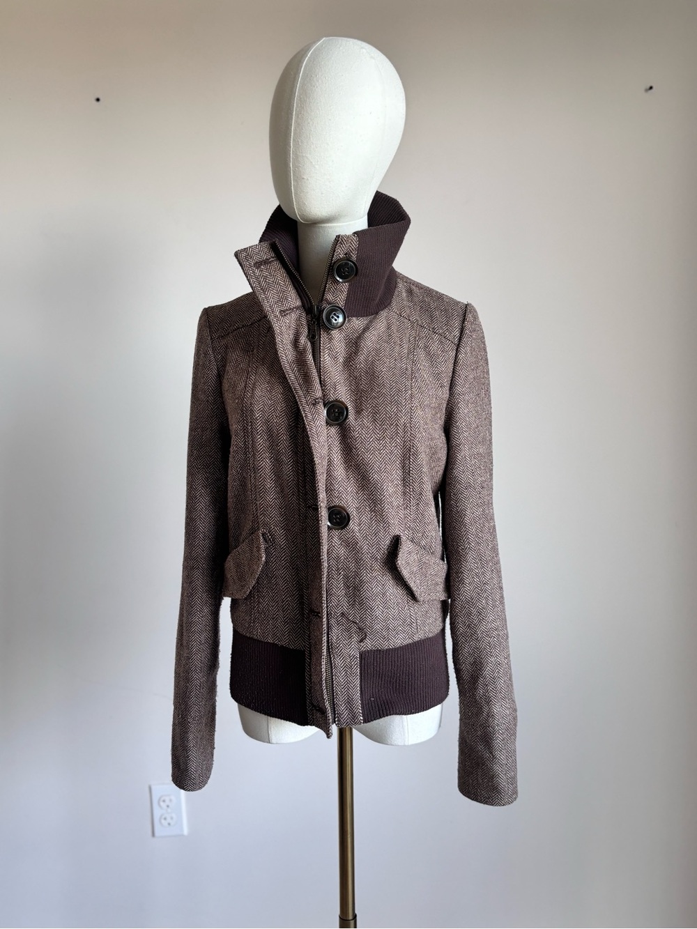 dELiA*s Brown Herringbone Bomber Jacket with Dark Brown Rib Trim